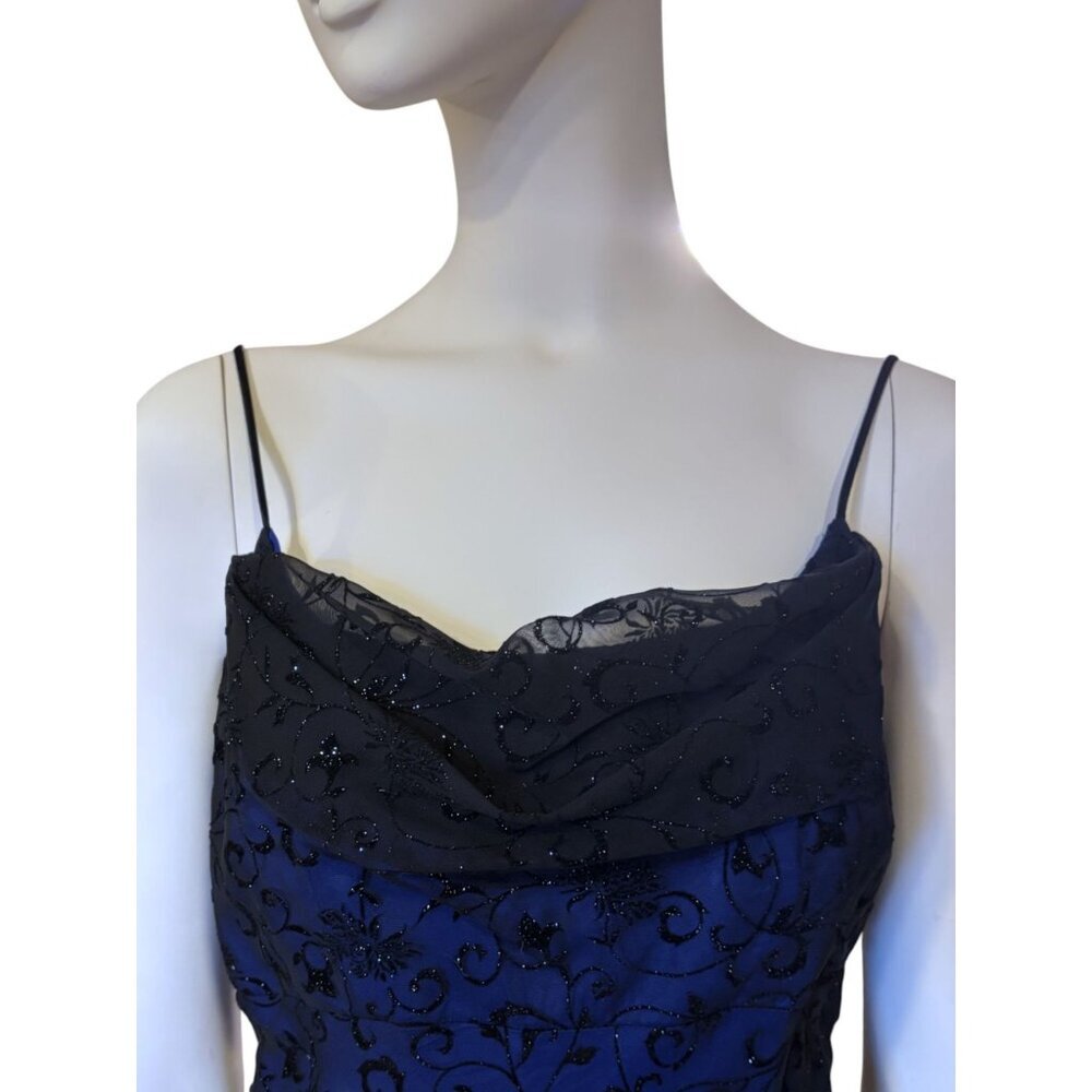 Y2K Prom Dress Maxi 16 Cowl Blue Black Fairy Goth Vintage Burnout Babydoll 90s